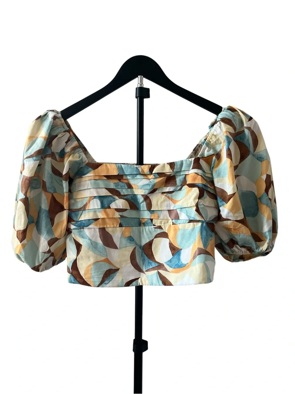 Abercrombie & Fitch Square-Neck Puff Sleeve Printed Top - Blue, Brown, Tan M